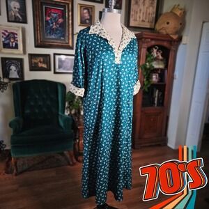 Vintage 70s Sears Green Floral‎ House Dress Prairie Midi Cottagecore NWT